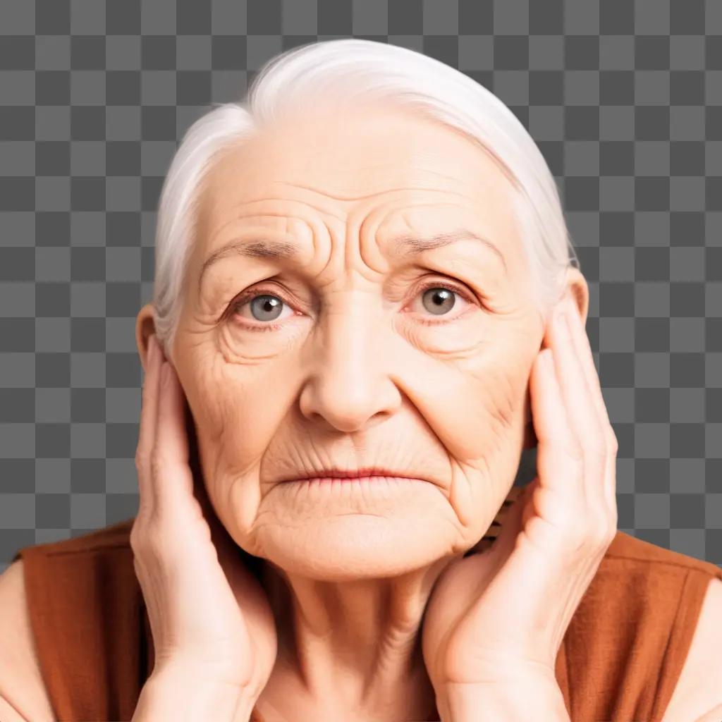 wrinkled woman covers her ears with hands