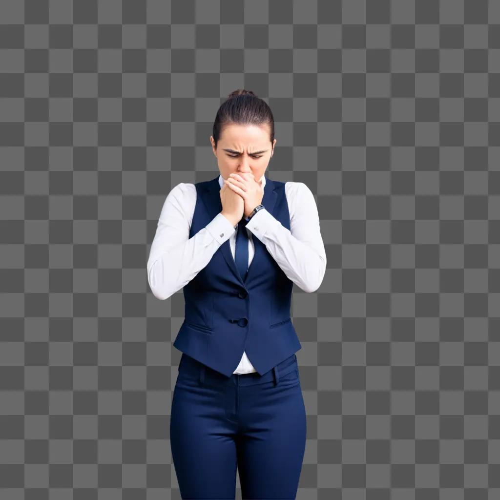 xious businesswoman in blue vest holding her mouth