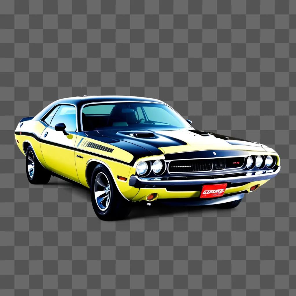 yellow Dodge Challenger sports car on a grey background