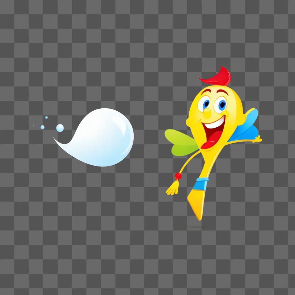 yellow cartoon character with a blue cape and red shirt is running with a white bubble behind him