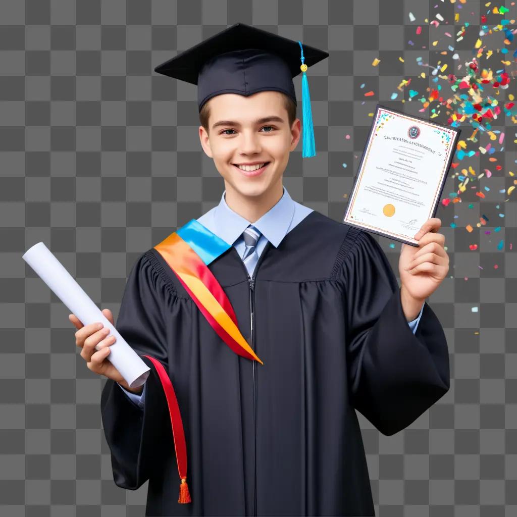 young boy holds his diploma and papers