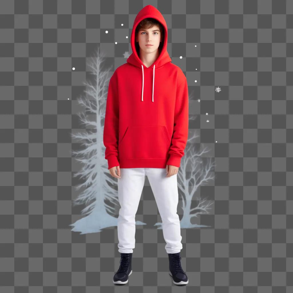 young boy in a red hoodie standing in front of snow