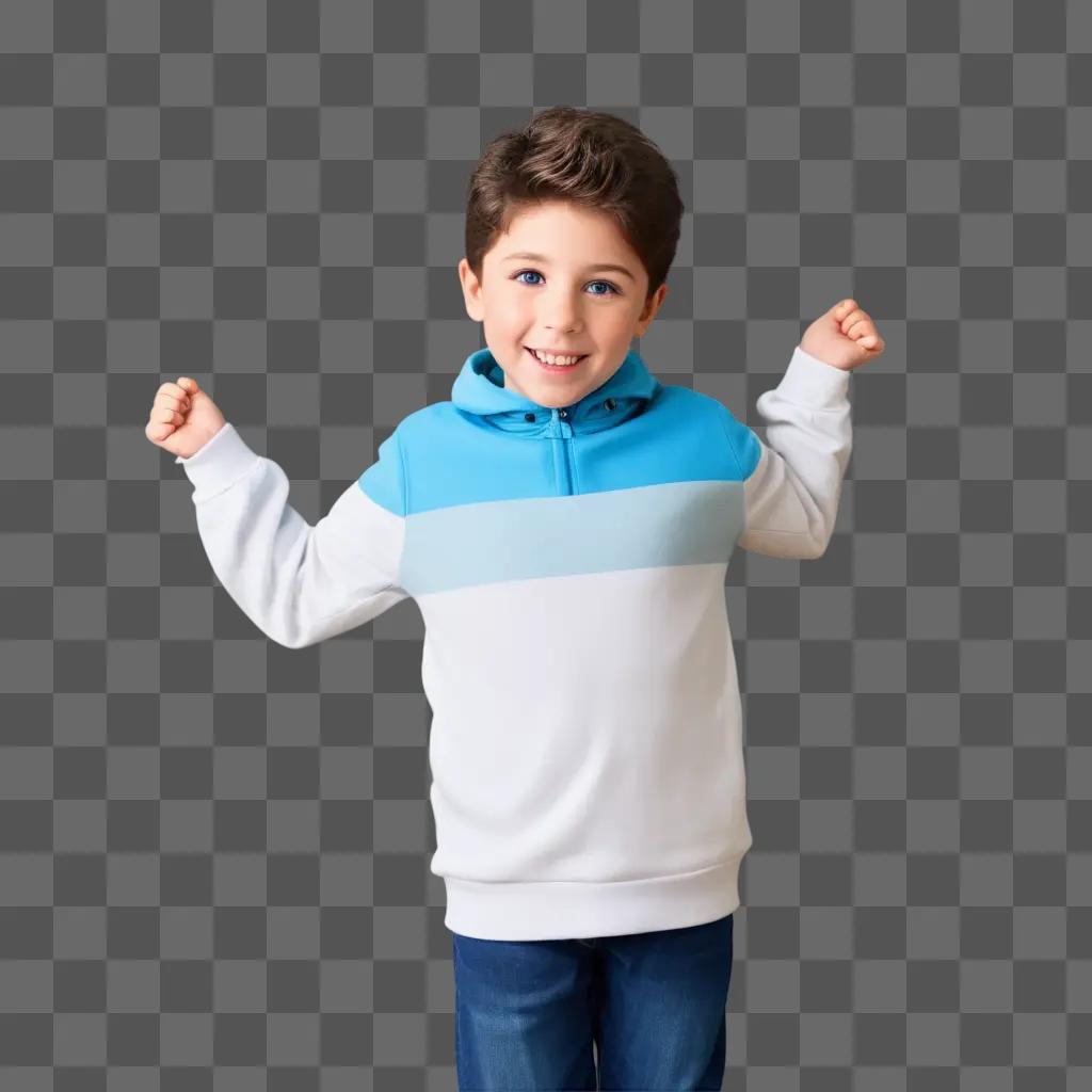 young boy poses in a white sweatshirt