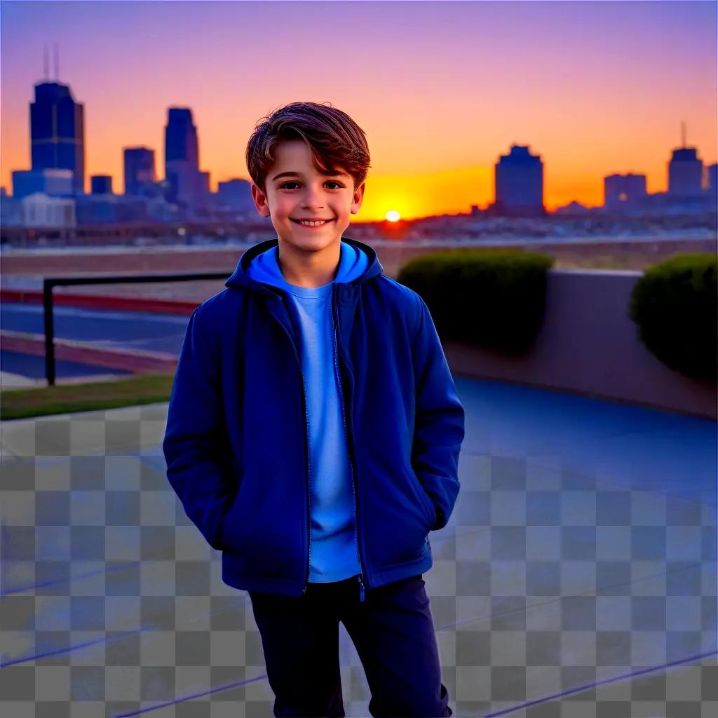 young boy stands in front of a city at sunset