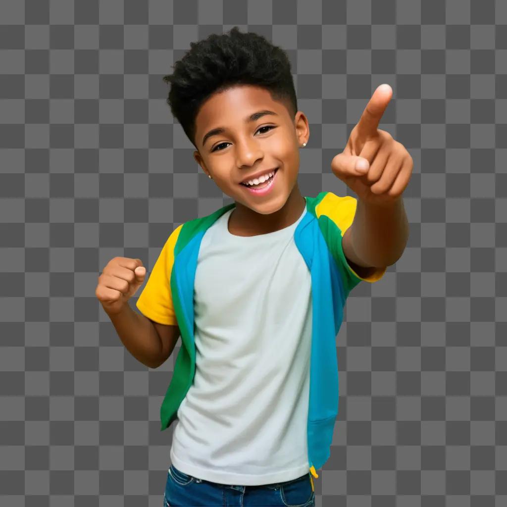 young boy with a white shirt and blue jacket makes a happy face