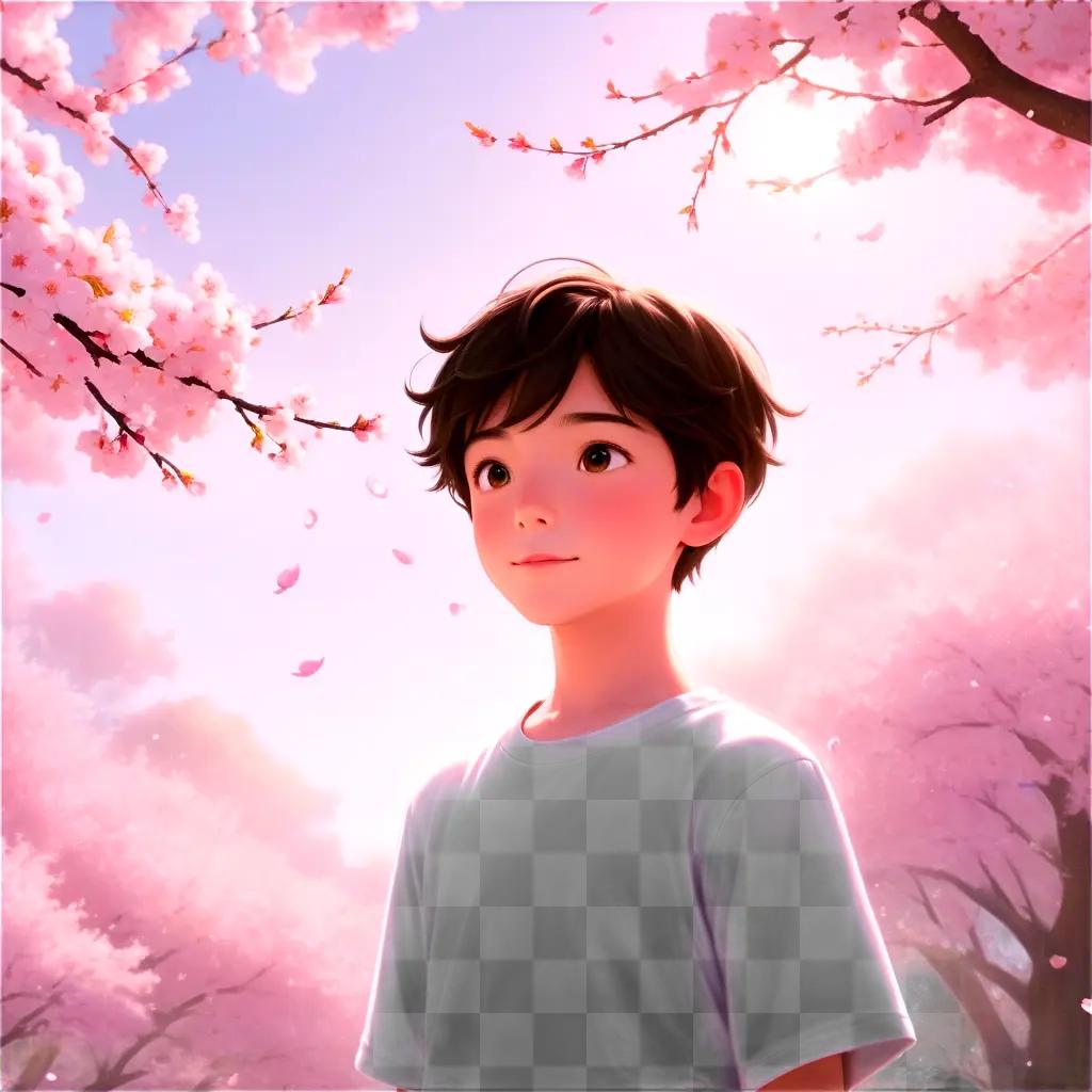 young boy with a white shirt and brown hair standing under pink cherry blossoms