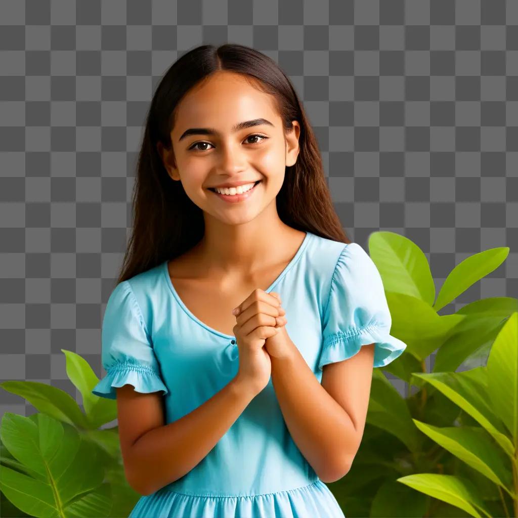 young girl in a light blue dress smiles