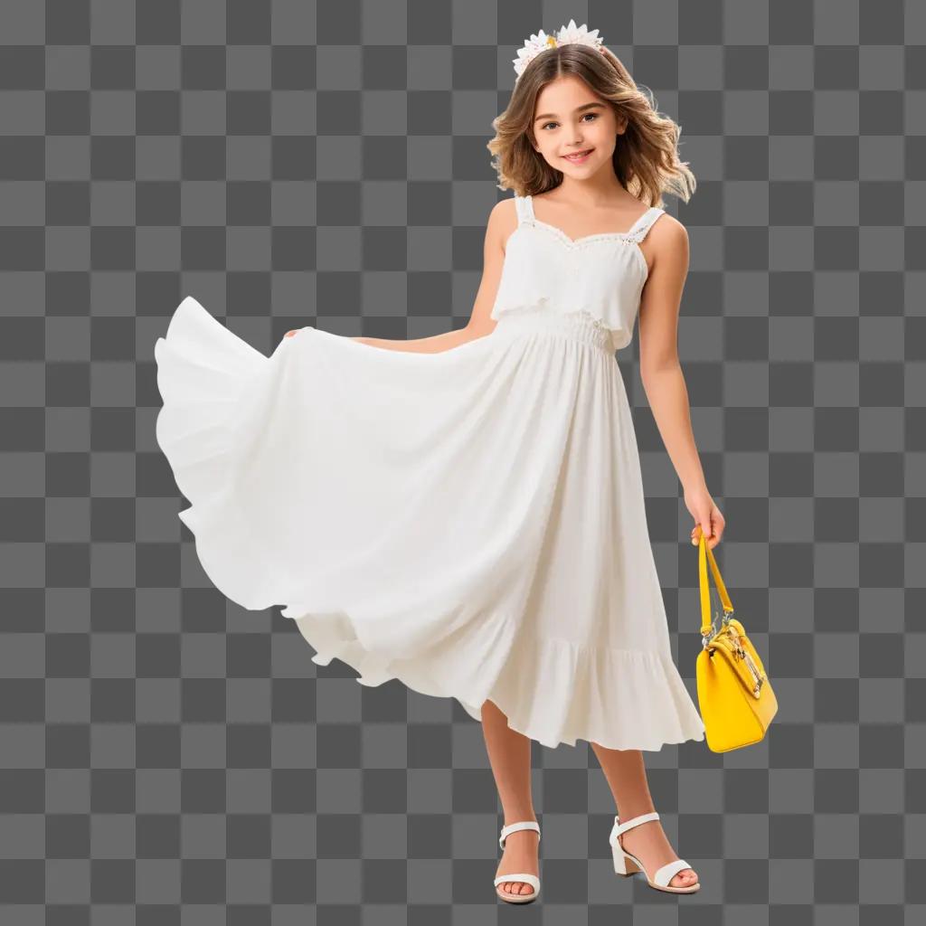 young girl in a white dress holds a yellow purse