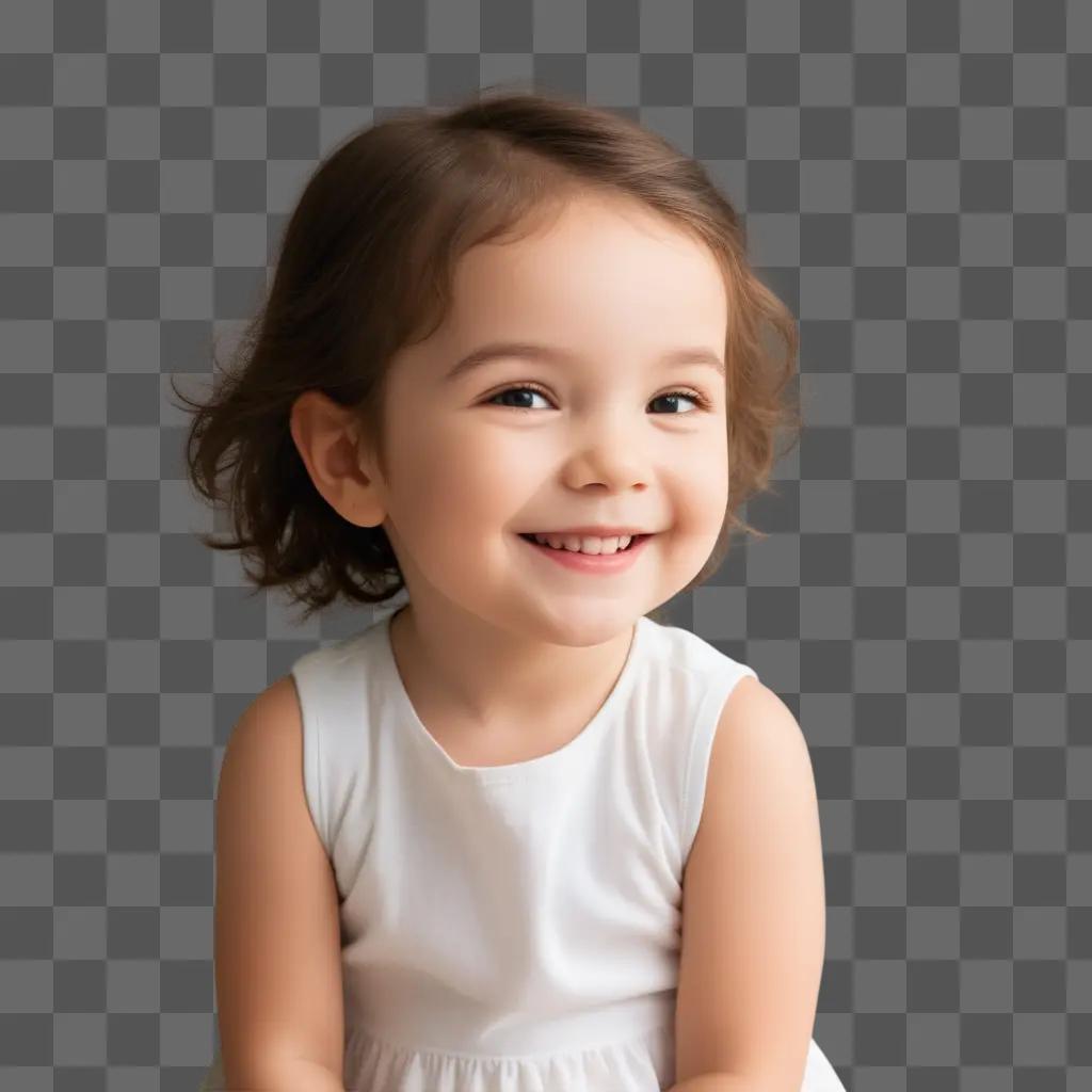 young girl in a white dress smiles at the camera