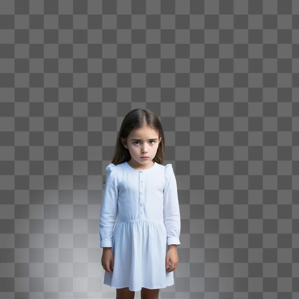 young girl in a white dress stands in a white room with a blurry background