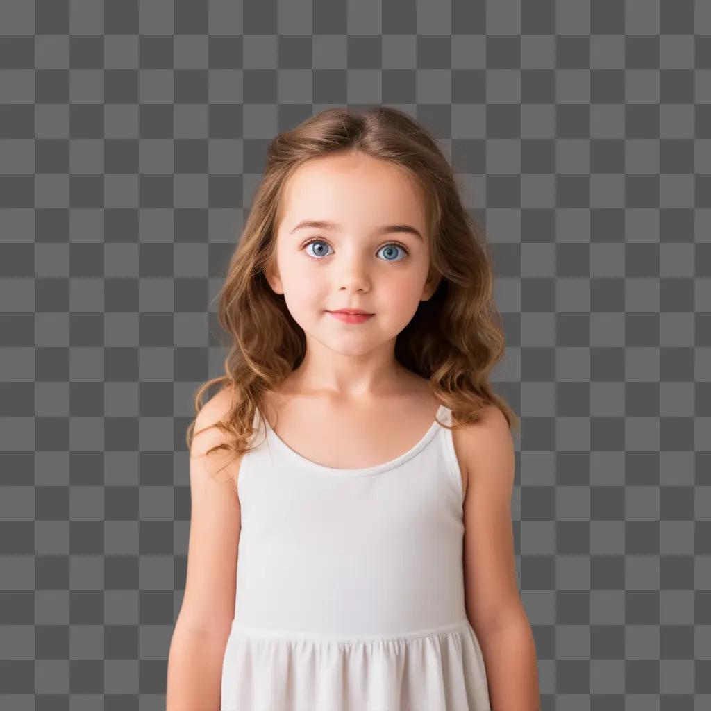 young girl in a white dress stands in front of a pink background