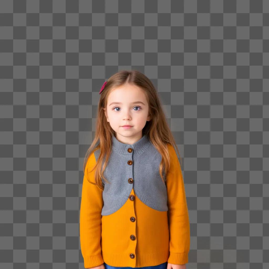 young girl in an orange sweater stands against a brown background