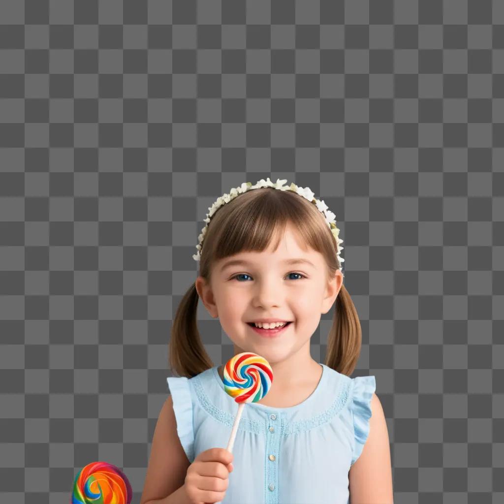 young girl smiles as she holds a colorful lollipop