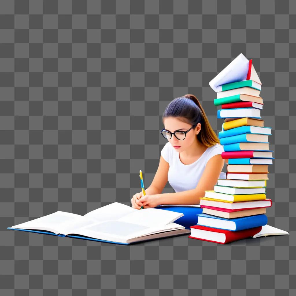 young girl studying with a stack of books in the background