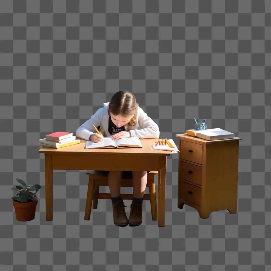 young girl works on her homework at a desk