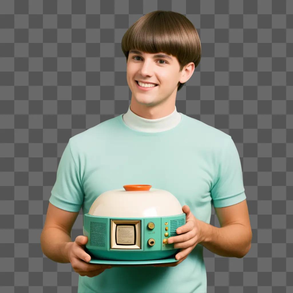 young man holding a small radio with a packet of snacks