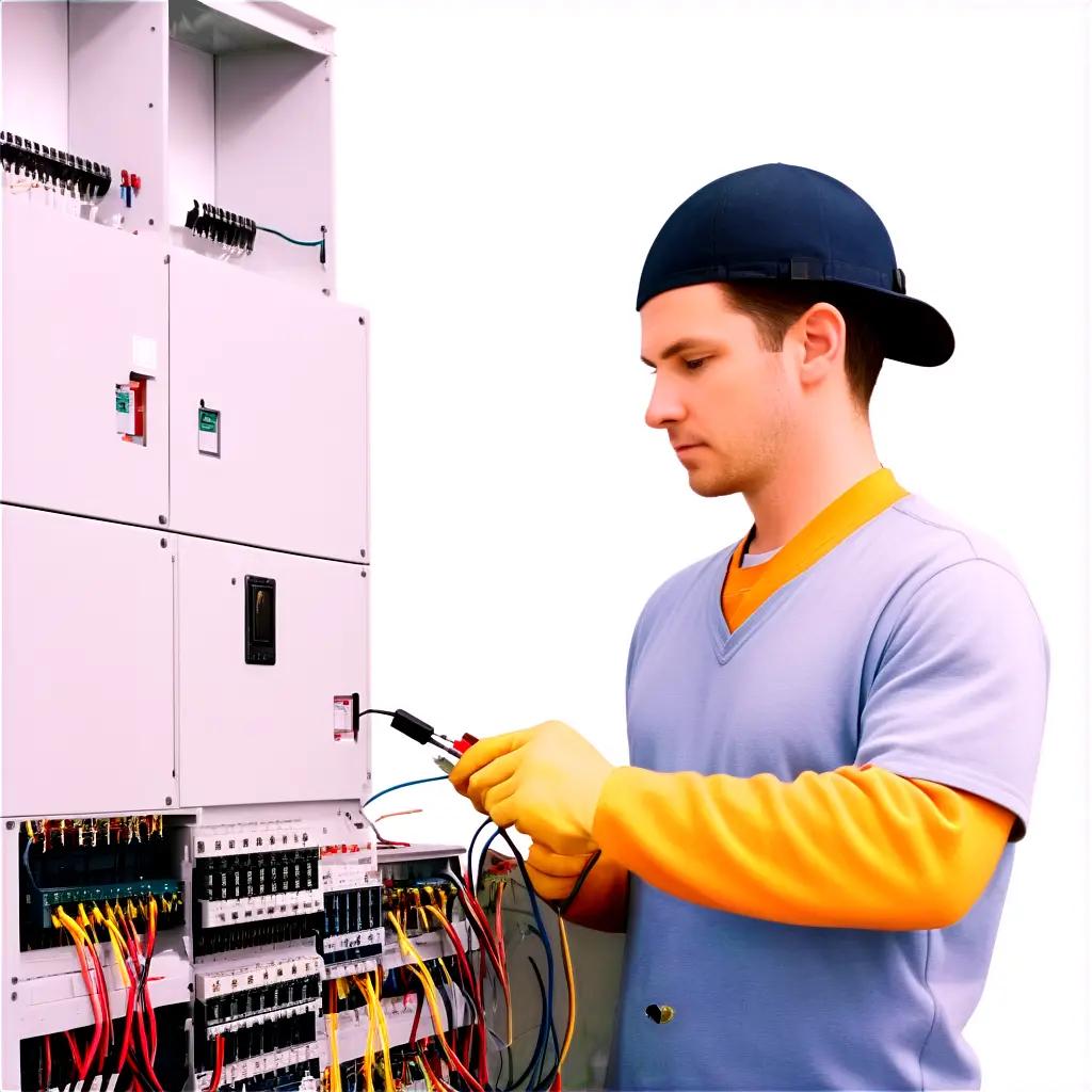 young man in a blue cap is working on an electrical circuit