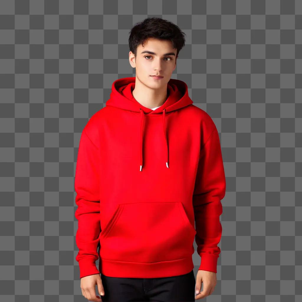 young man in a red hoodie poses against a red background