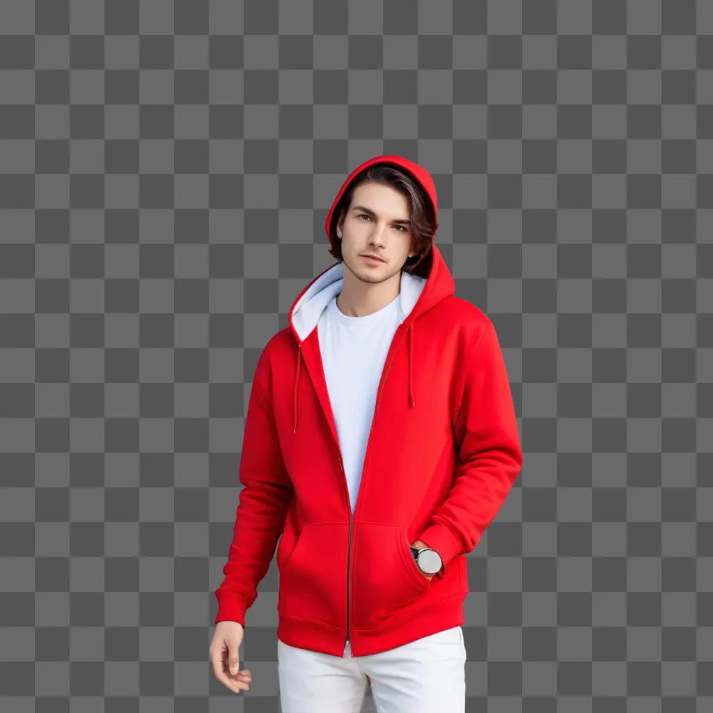 young man in a red hoodie poses for a photo