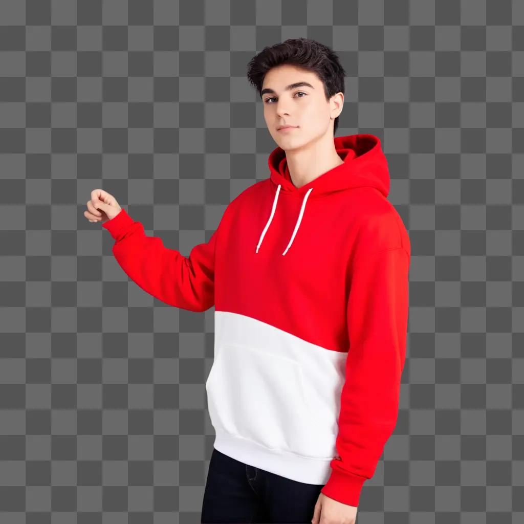 young man in a red hoodie poses in a red background