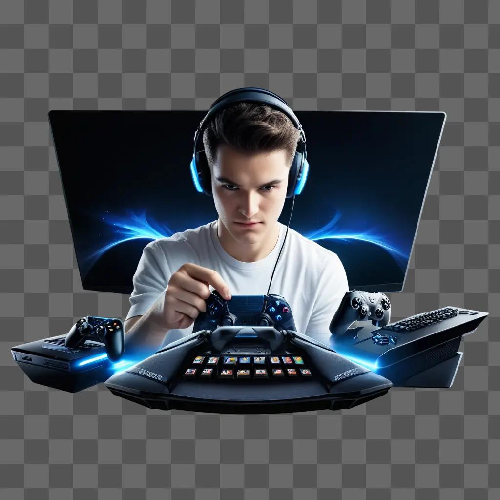 young man wearing headphones and a white t-shirt is playing a video game