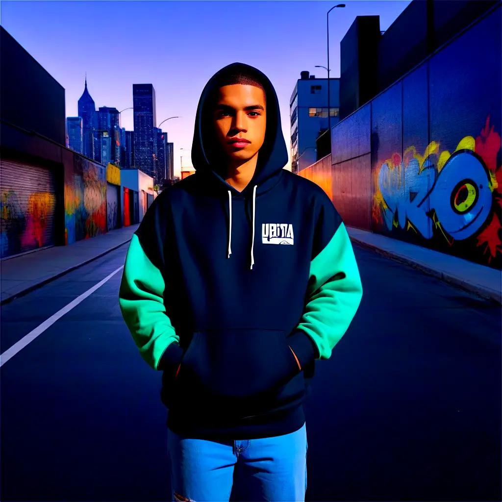 young man wears a hoodie with graffiti on it