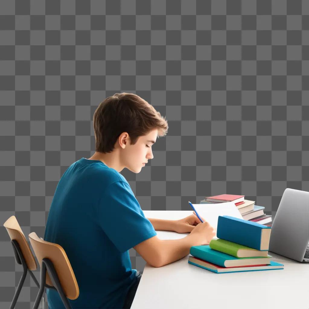 young man works on his homework at a desk