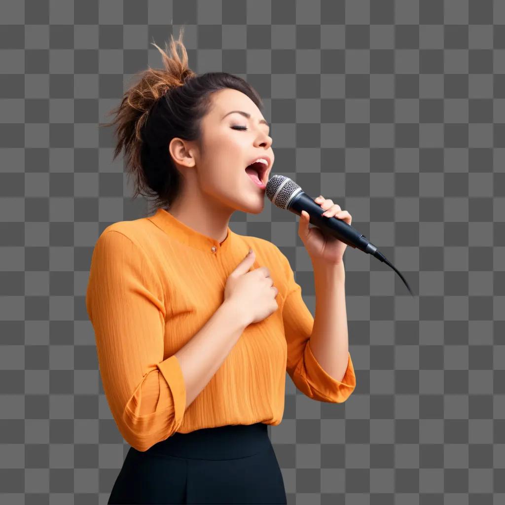 young woman sings into a microphone