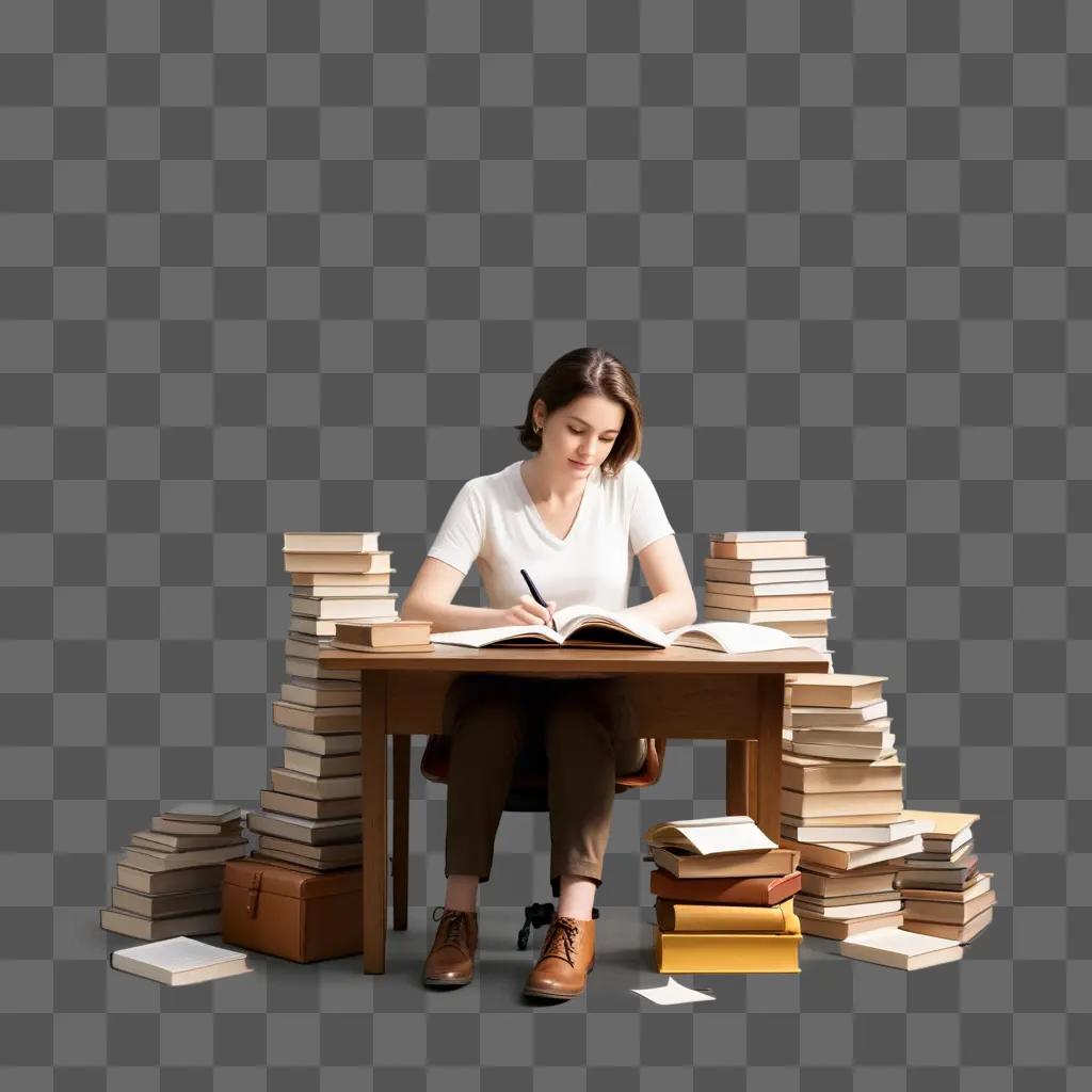 young woman sits at a desk with a stack of books