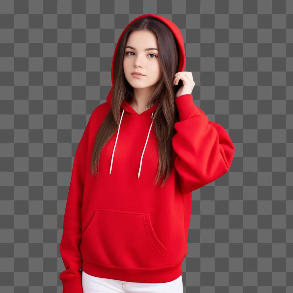 young woman wearing a red hoodie posing for a photo