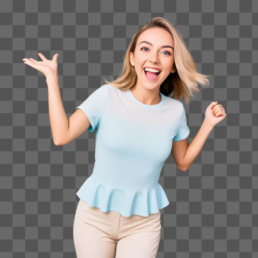 young woman with a wide smile and open mouth, displaying a sense of excitement