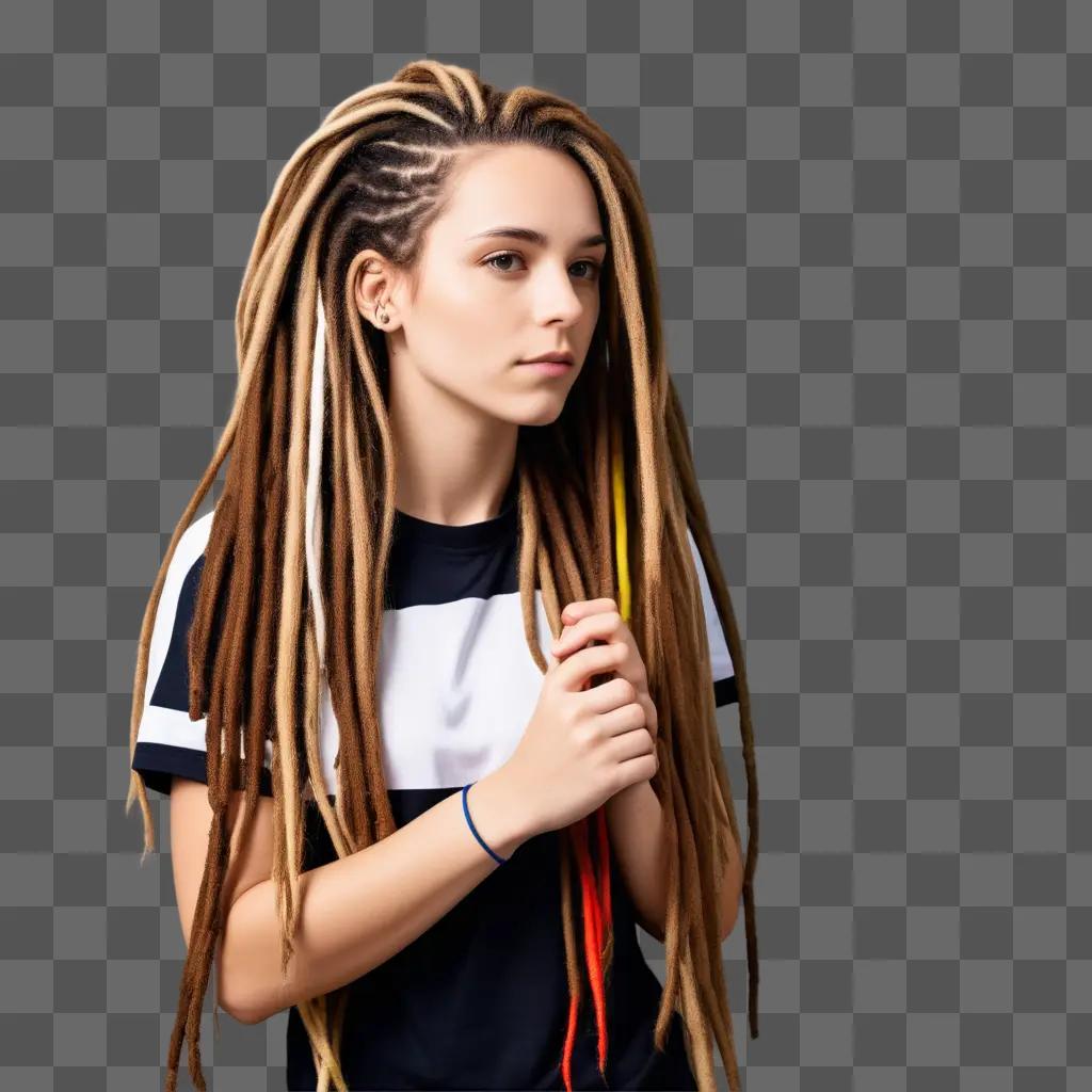 young woman with dreadlocks poses in a black and white striped shirt