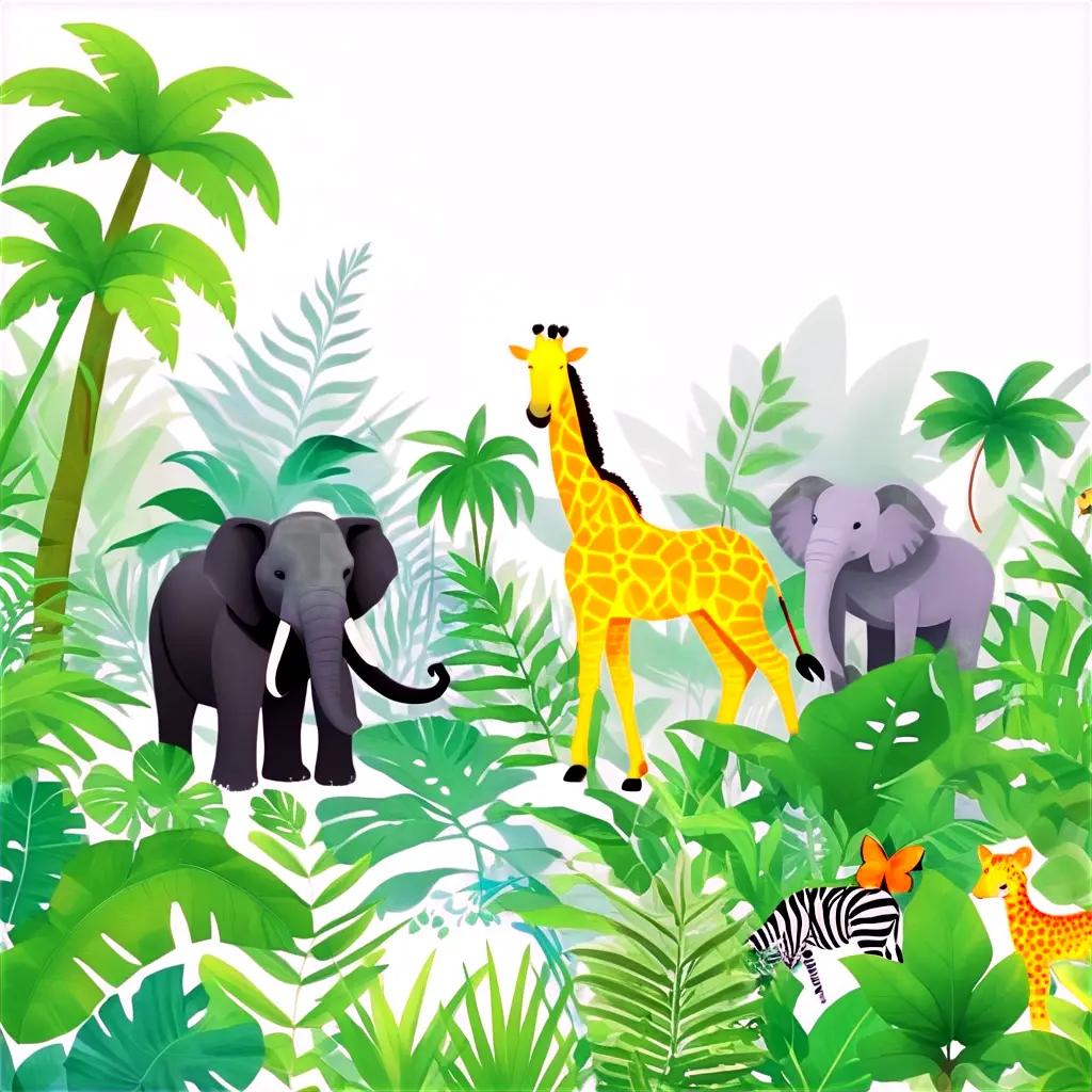 zebra, giraffe, and elephant in a jungle setting