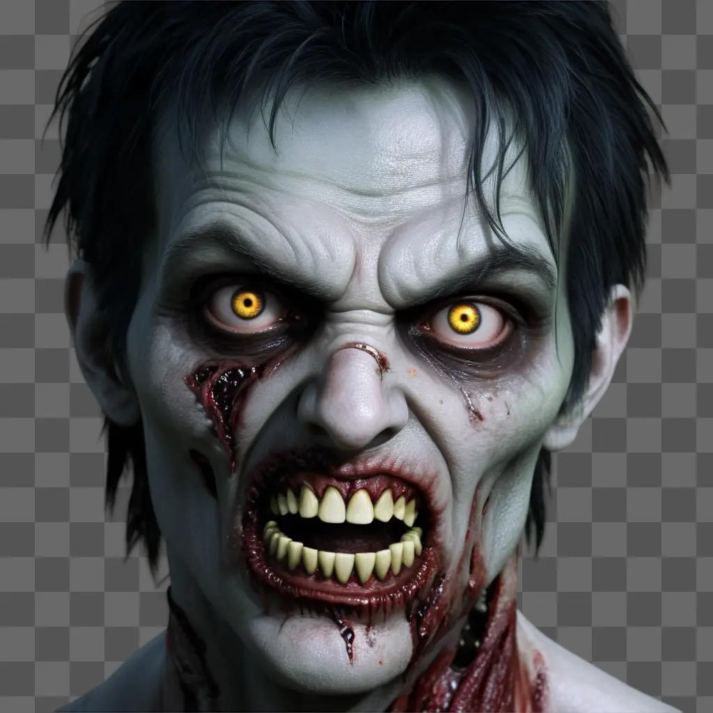 zombie face with glowing eyes and white teeth