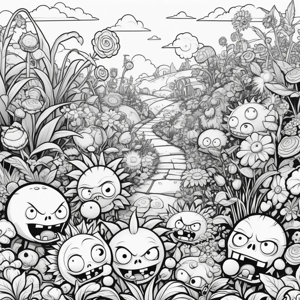 zombie infested field of plants in a coloring book