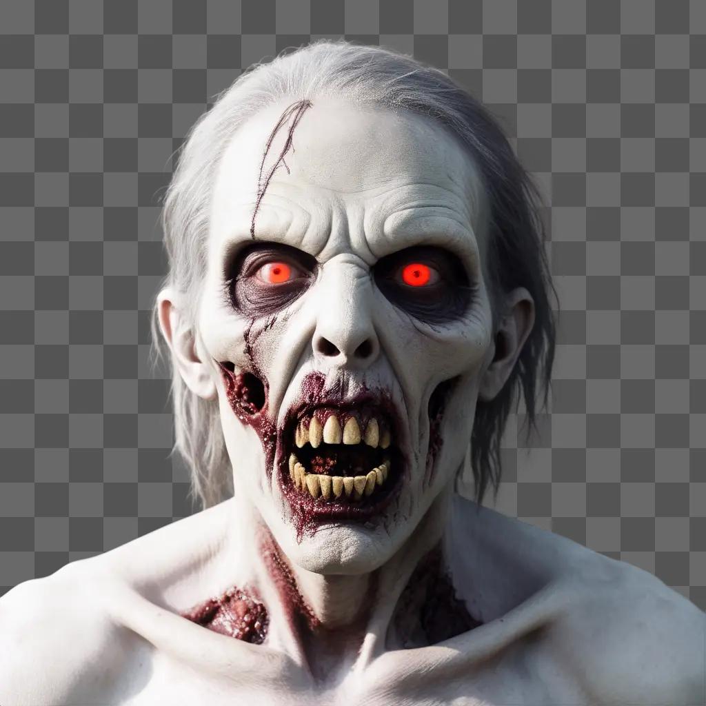 zombie with glowing red eyes and a white face