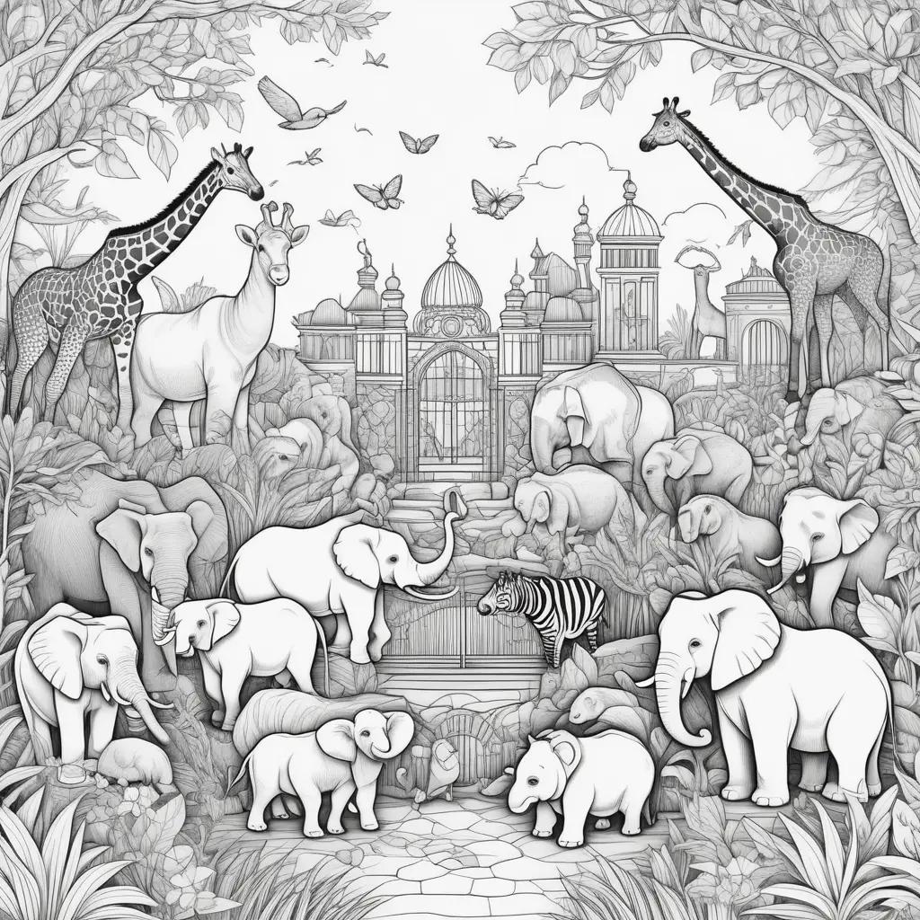 zoo coloring page featuring giraffes, zebras, and elephants