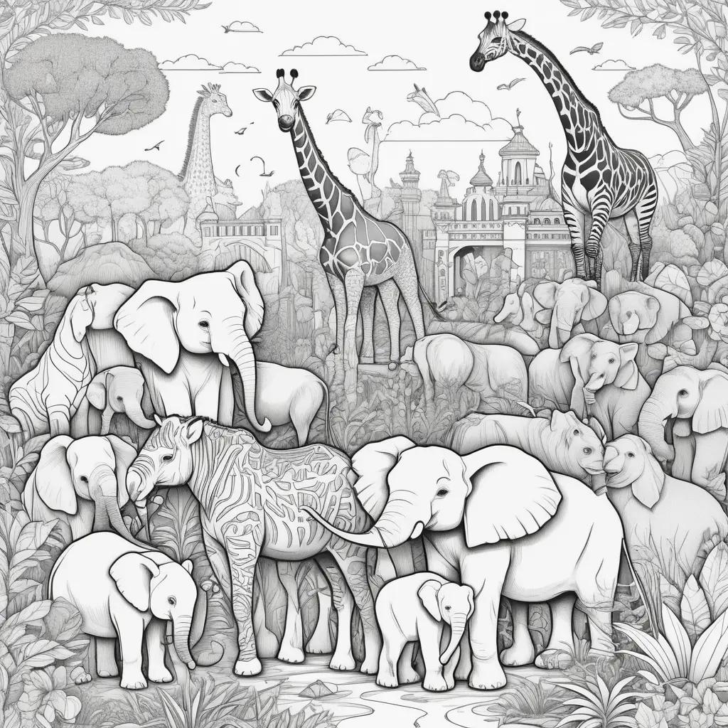 zoo coloring page featuring giraffes and elephants