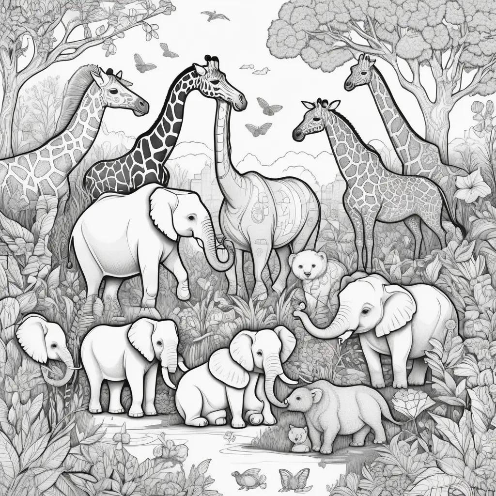 zoo coloring page with a variety of animals