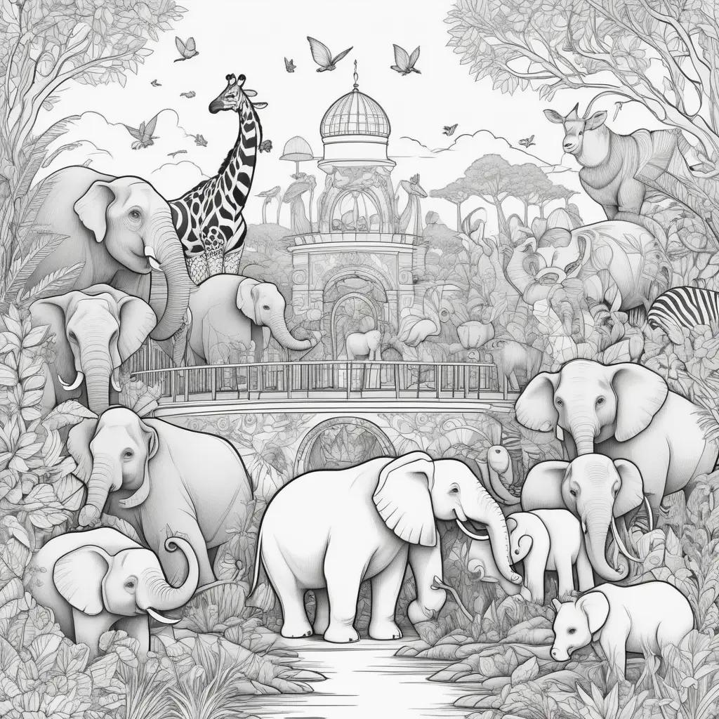 zoo coloring page with animals and a bridge