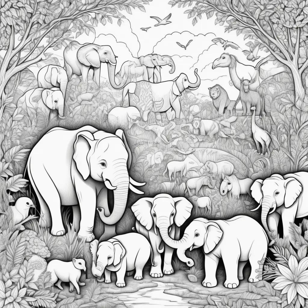 zoo coloring page with elephants and other animals