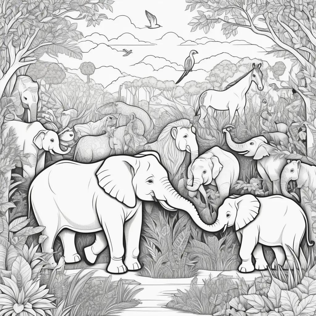 zoo coloring page with various animals and a bird