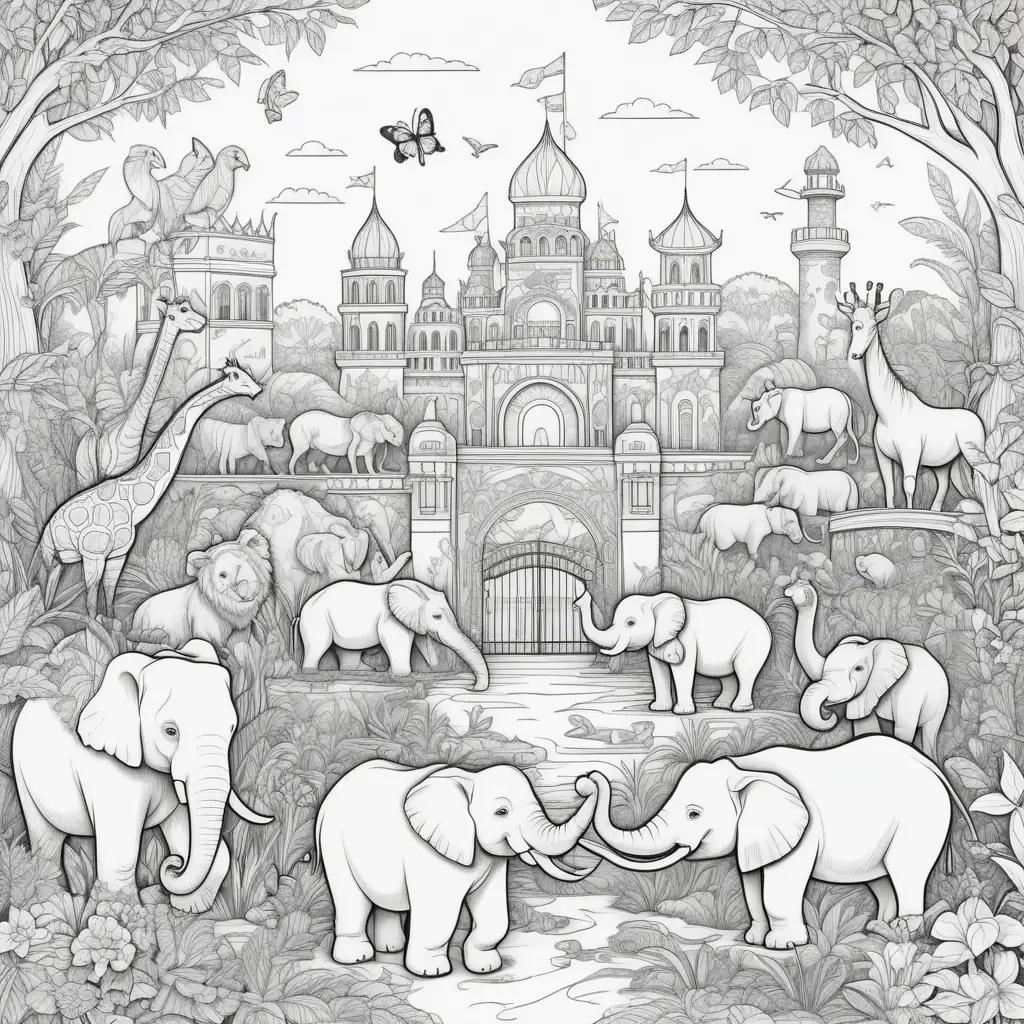 zoo coloring page with various animals and a castle