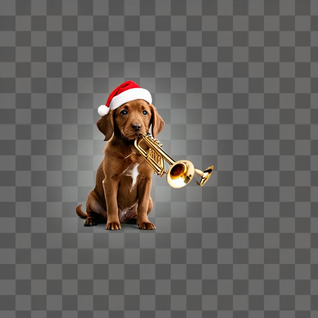 zoom christmas background A brown puppy with a Santa hat has a trumpet in its mouth