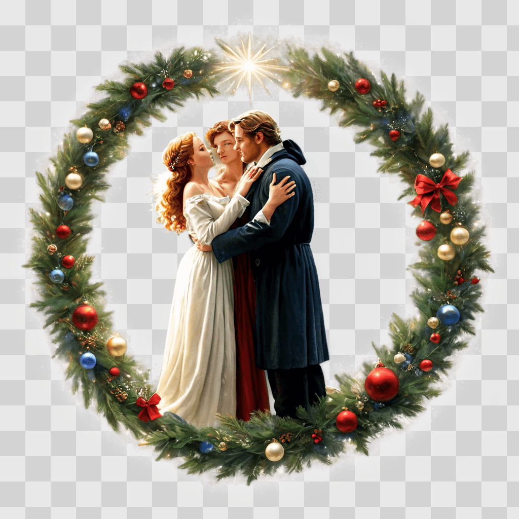 zoom christmas background A couple embraces in a wreath with Christmas ornaments