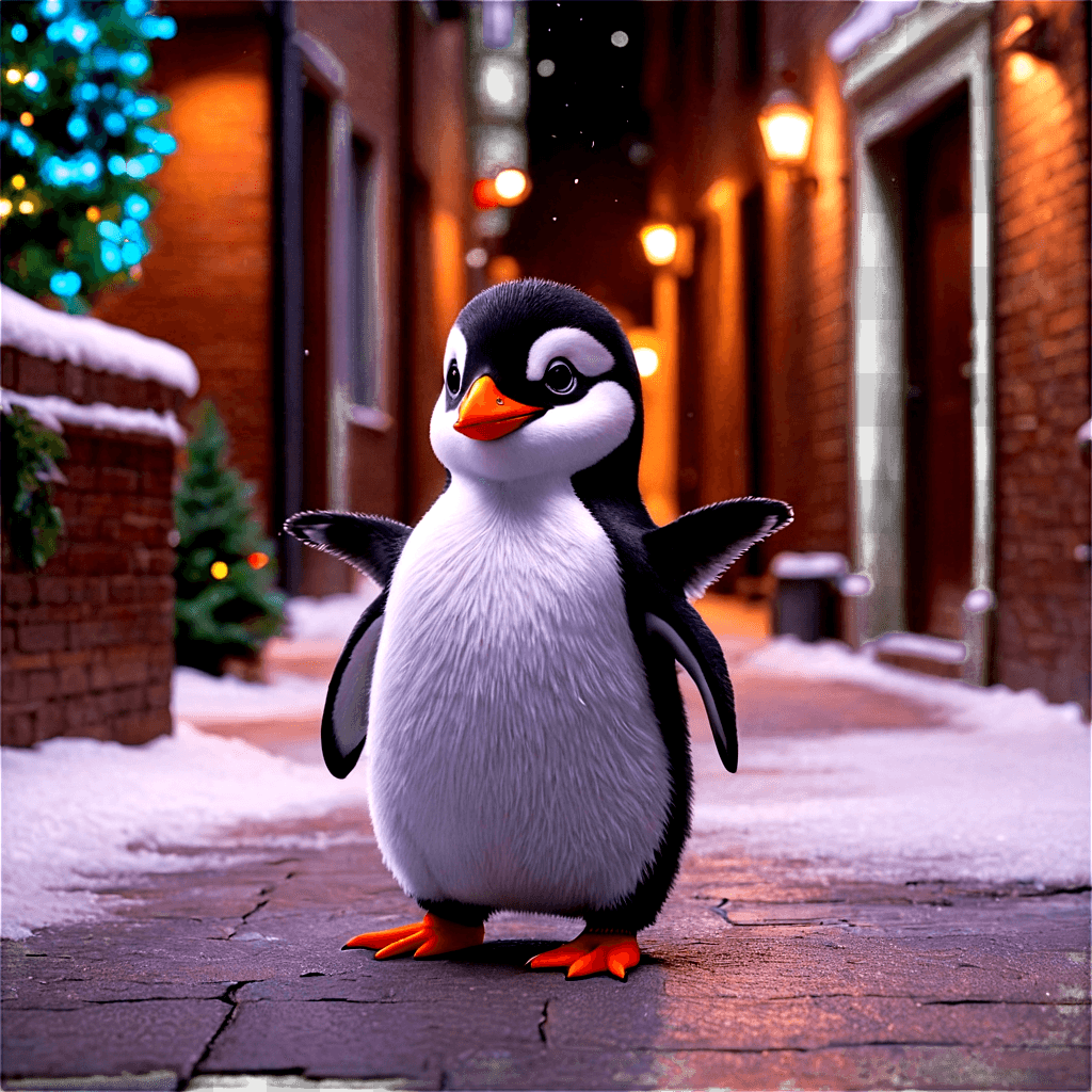 zoom christmas background A small penguin stands on a sidewalk