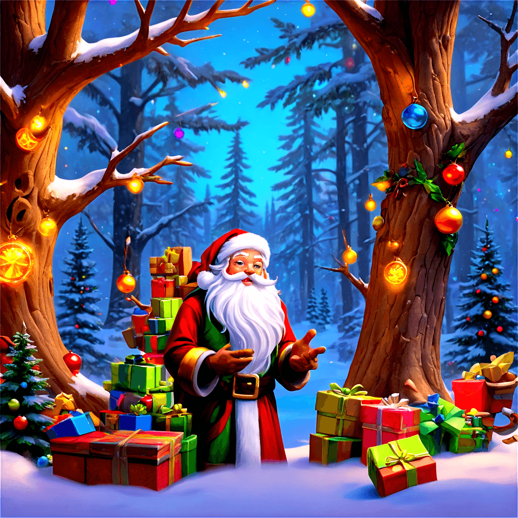 zoom christmas background Santa Claus with presents in the snowy forest