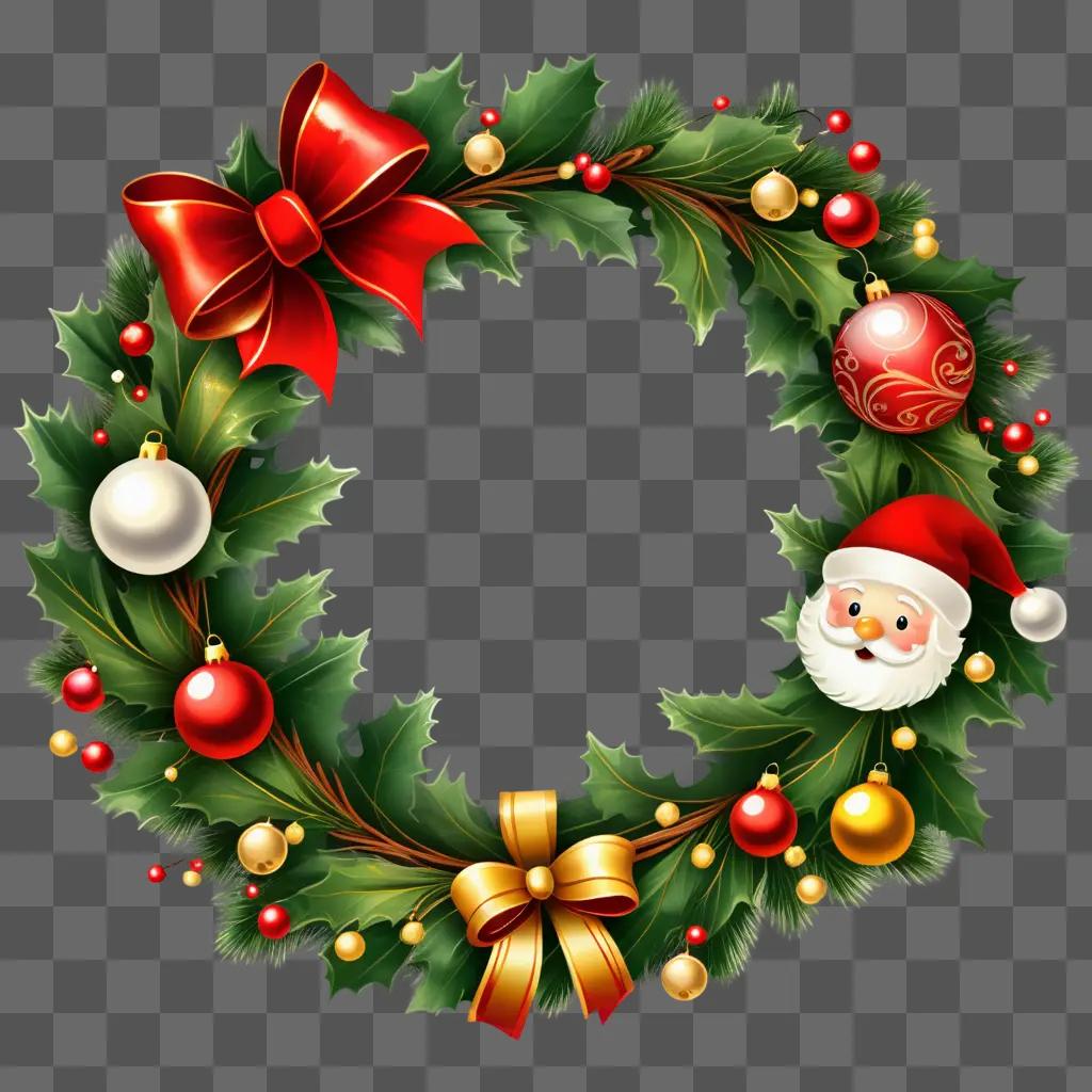 Christmas wreath with Santa, ornaments, and ribbon
