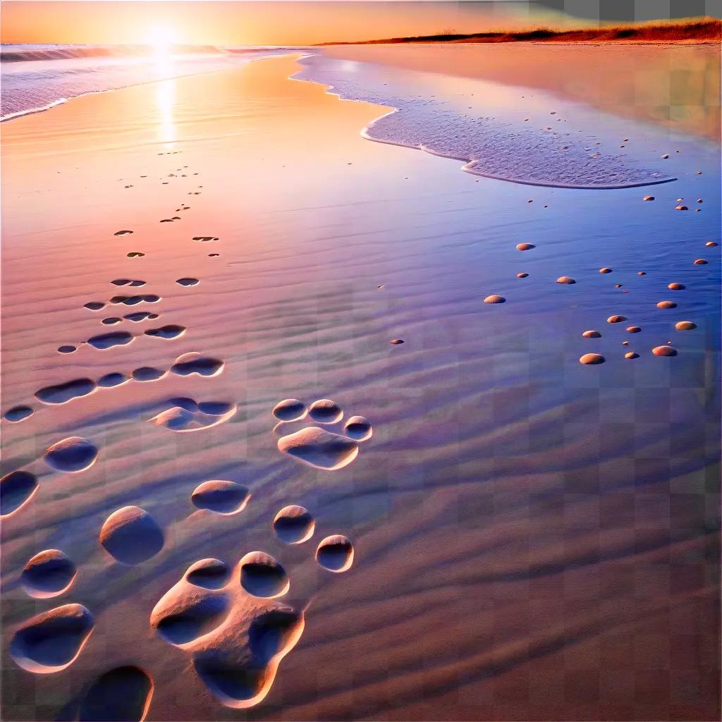 Dogs paw prints on a beach at sunset